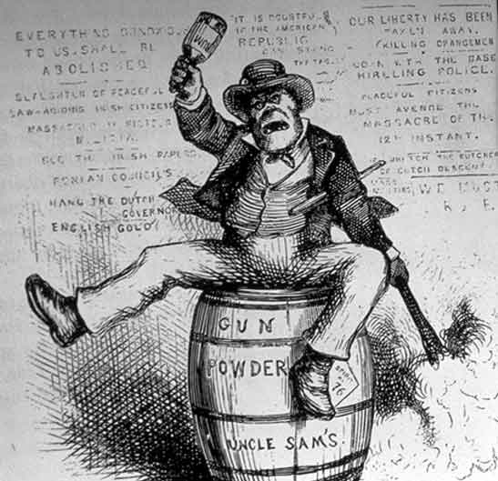 This is a comic from an old newspaper of a belligerent Irishman on a gun powder barrel with a bottle of rum in his hand.
