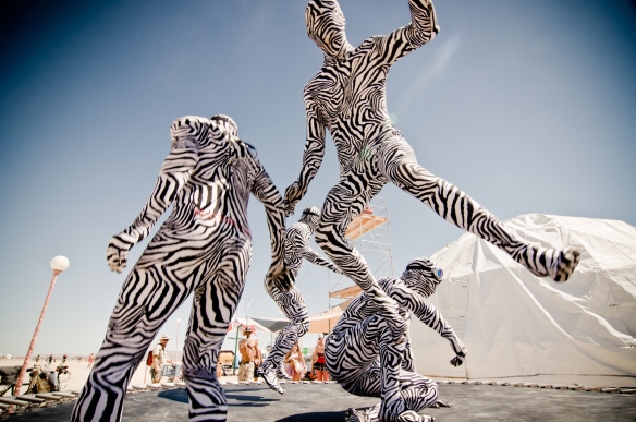 This is an image of either people or statues that have been painted in zebra stripes and are in an action pose.