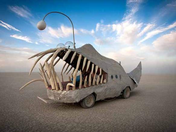 This is an image of a vehicle at Burning Man that was made to look like an angler fish.