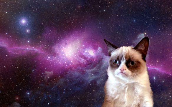 This is an image of Grumpy Cat in front of a background image of space.