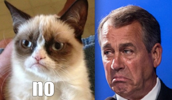 This is an image of Grumpy Cat with the text NO over his image next to a picture of John Boehner frowning.